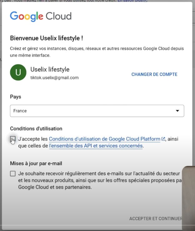 Fenetre de bienvenue Google Console Developer pour connecter gmail à Make