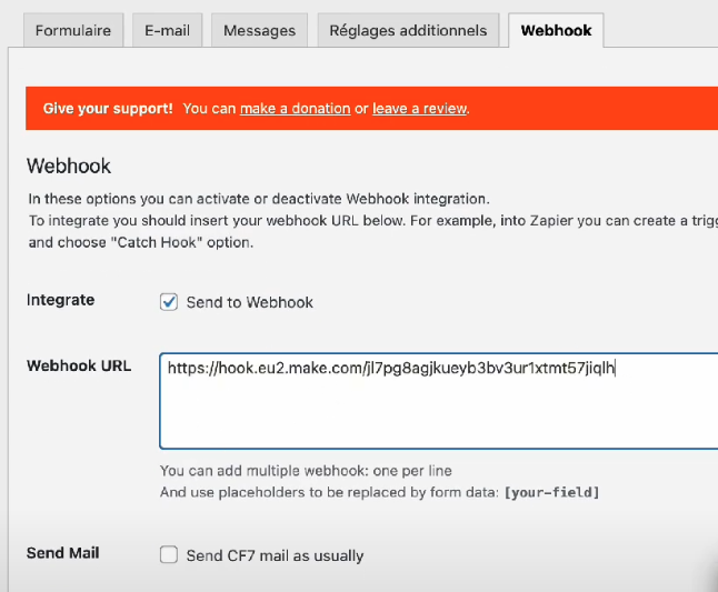 fenetre de contact form 7 pour ajouter un webhook