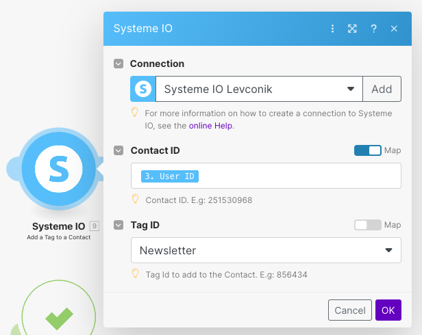 module ajouter un tag à un contact systeme io sur Make