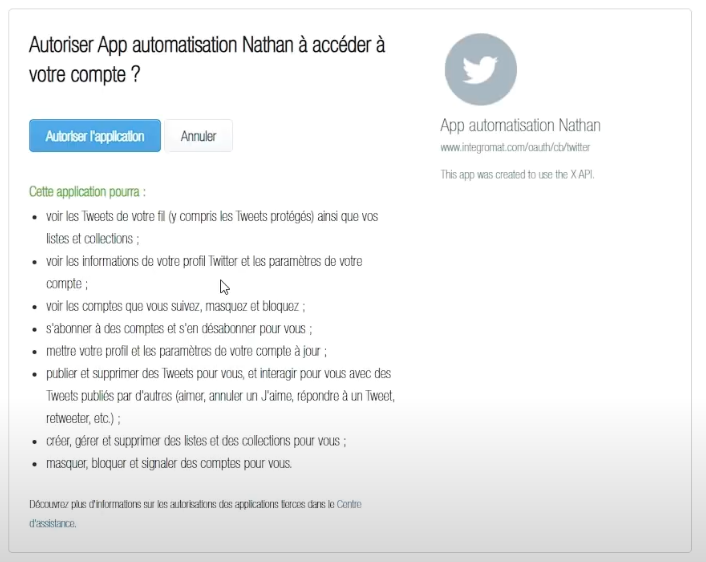 confirmation d'autorisation entre twitter v5 et make