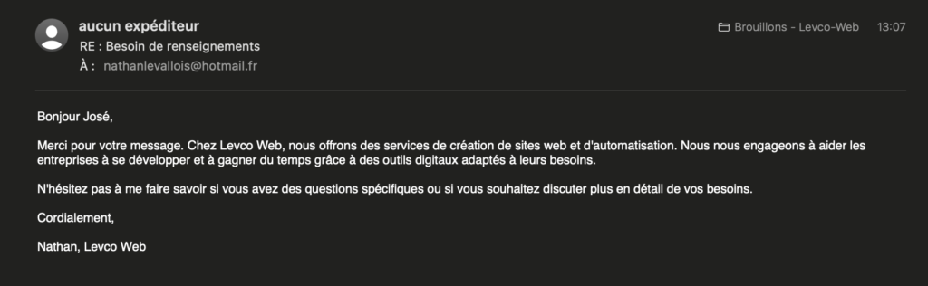 brouillon crée par notre automatisation de réponse automatique mails