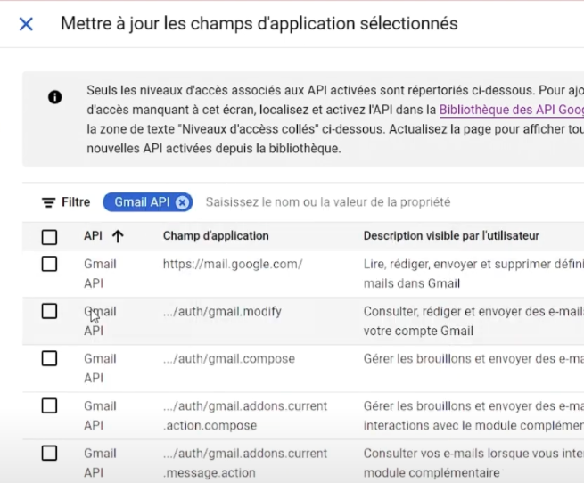 Selectionner les autorisations de gmail nécessaires