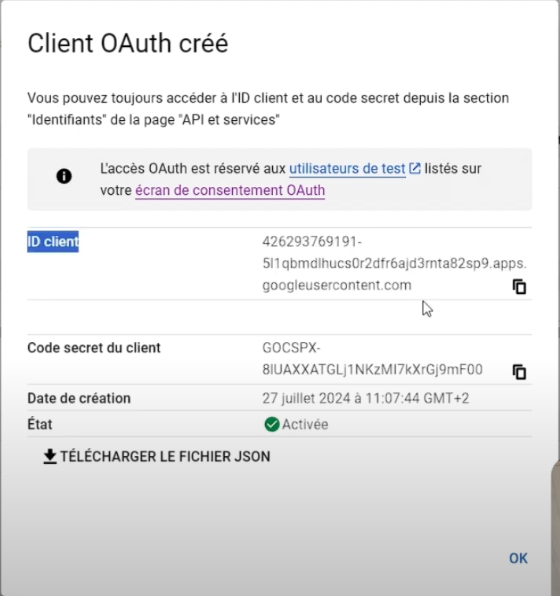 Confirmations de création de client oauth