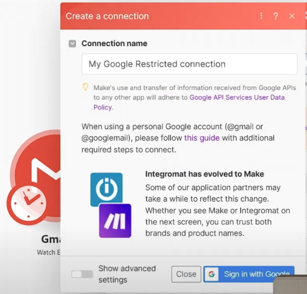 Popup de connexion de gmail à Make