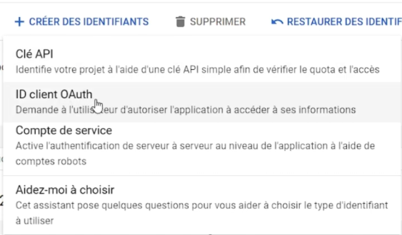 Cliquer sur créer des identifiants puis sur id client oauth