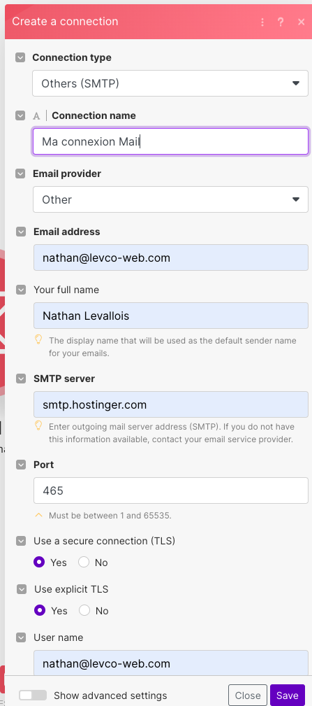 Formulaire de connexion SMTP des mails avec Make