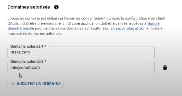 Renseigner les domaines autorisés liés à Make pour connecter gmail à Make