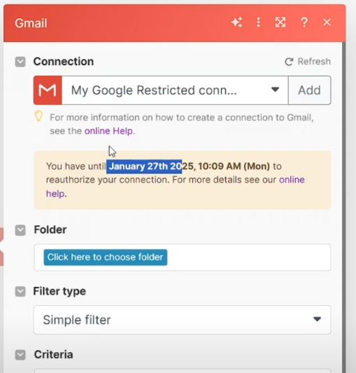 Connexion de gmail à Make validée