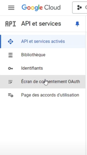 Cliquer sur écran de consentement oAuth