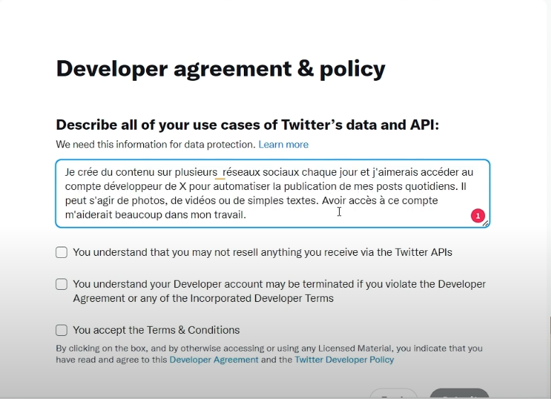 formulaire api compte twitter developer