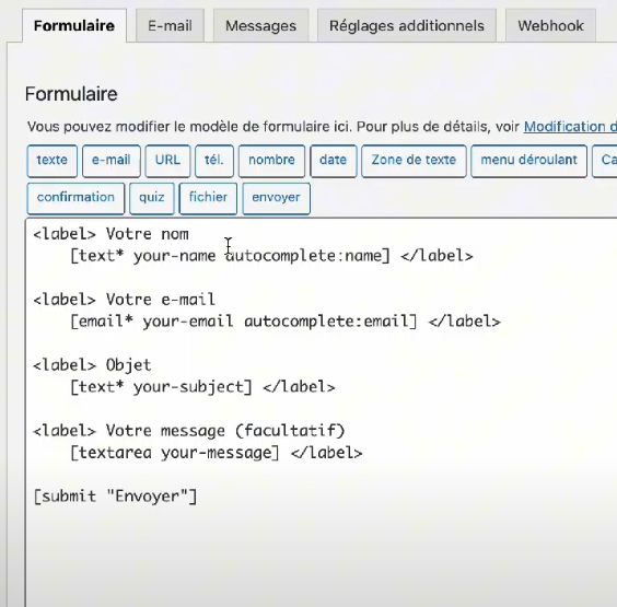 formulaire par défaut contact form 7 sur wordpress