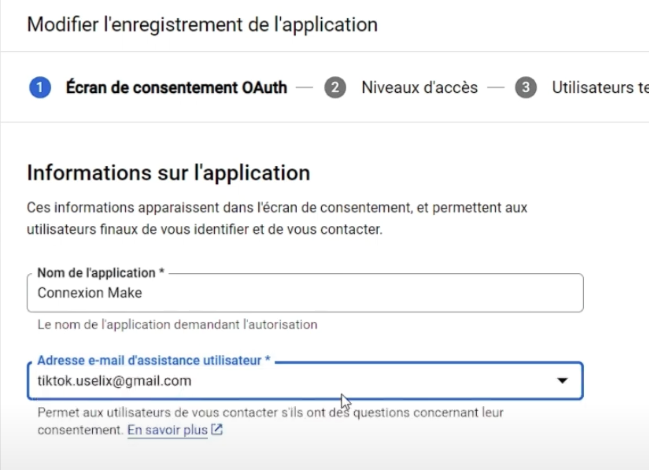 Renseigner les informations de l'application google