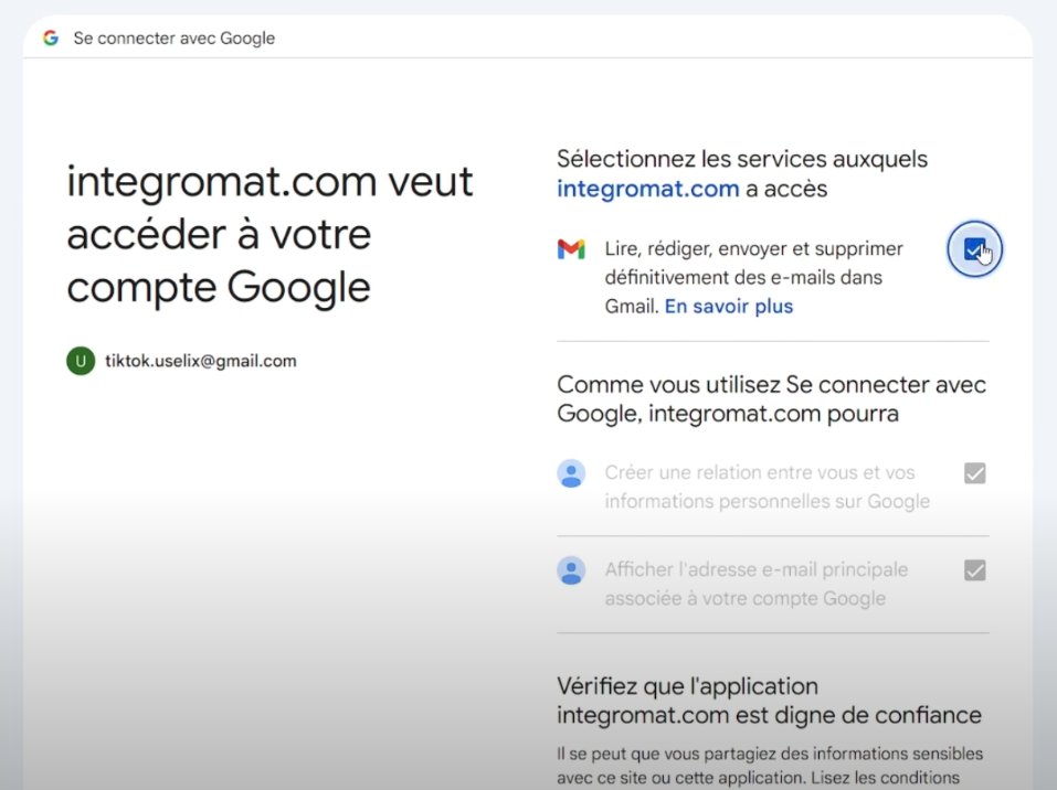 Dernière étape de connexion de gmail à Make