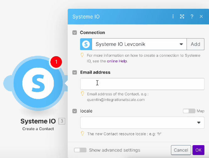 créer un nouveau contact systeme io sur Make
