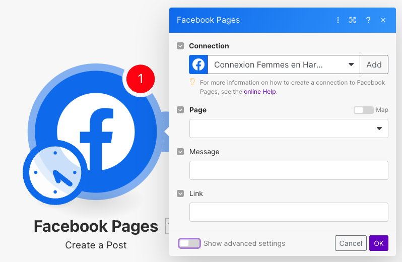 Automatiser Facebook avec le module Create a Post