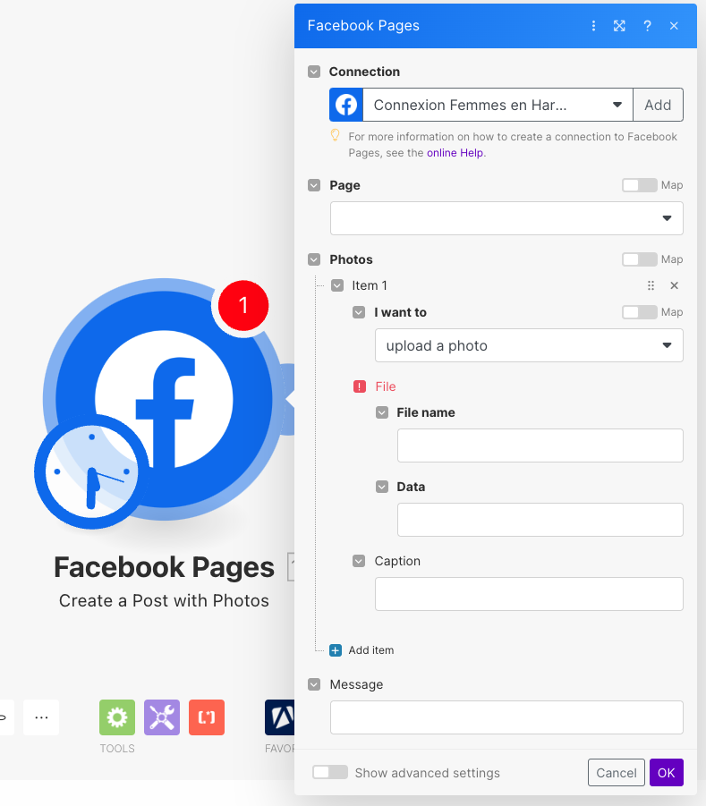 Module Create a Post with Photos pour automatiser Facebook avec Make