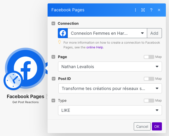 Module Get post reactions pour automatiser Facebook avec Make