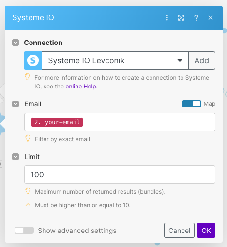 Module list Contacts systeme io et make