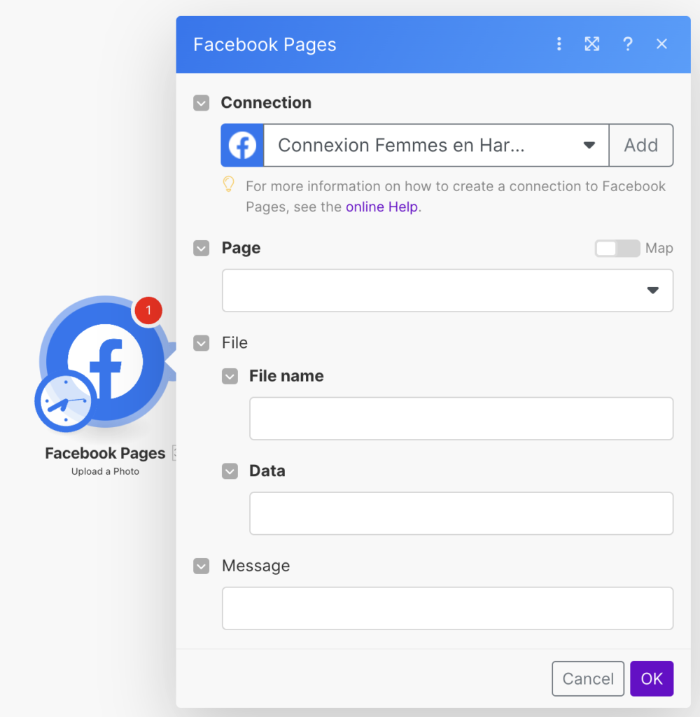 Module Upload a Photo pour automatiser Facebook avec Make
