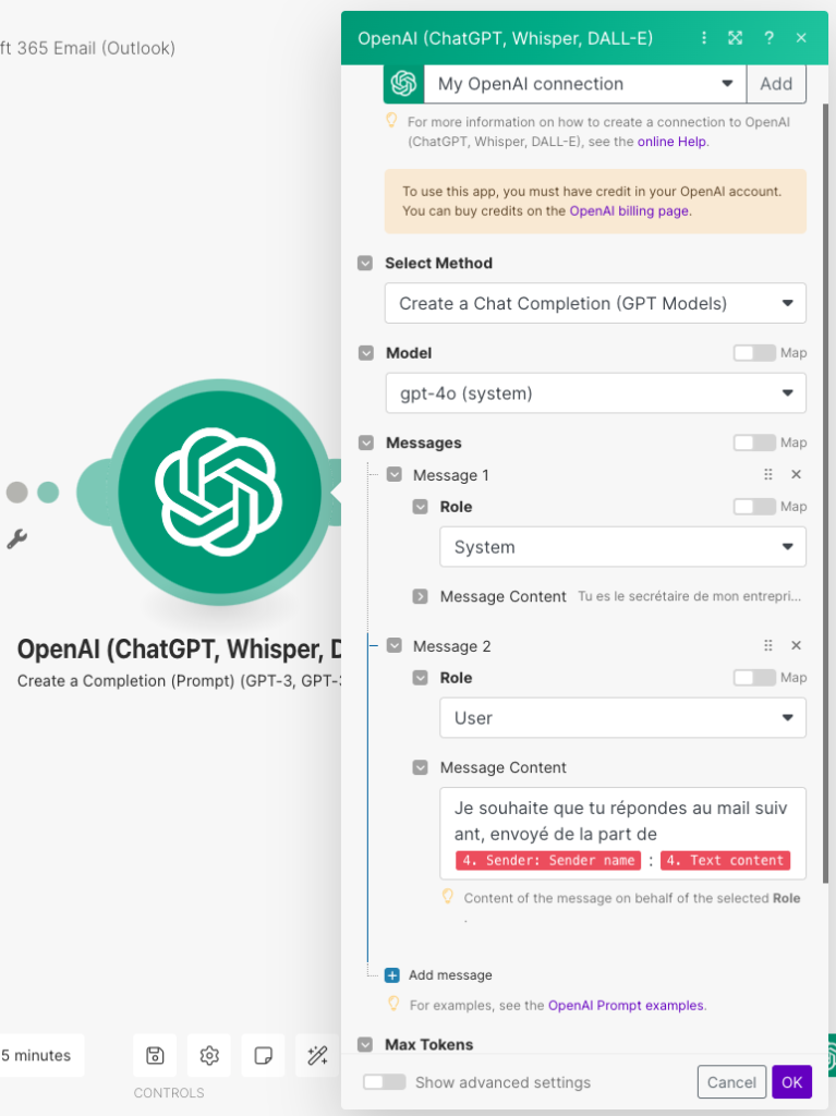 Paramètres renseignés module open ai create a completion sur make