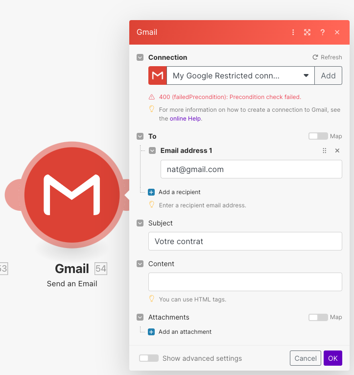 paramètres du module send a mail de gmail avec make