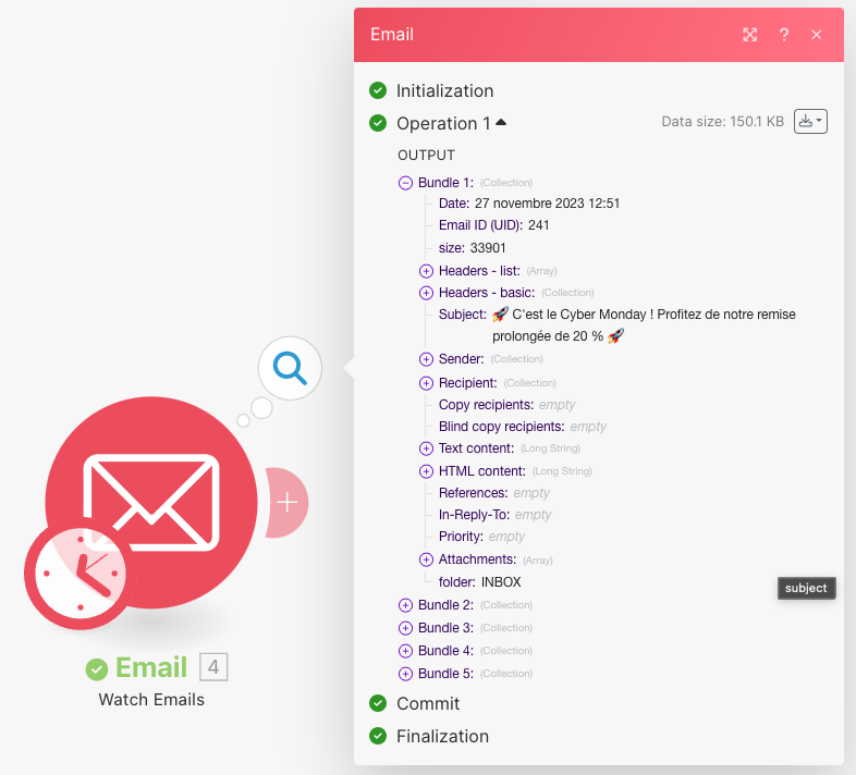 résultat du module watch emails de Make