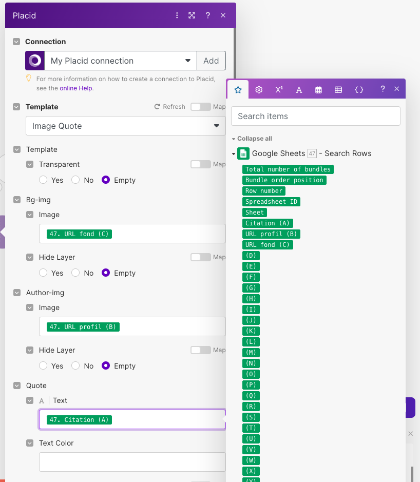 Variables Google Sheets dans modules Placid sur Make