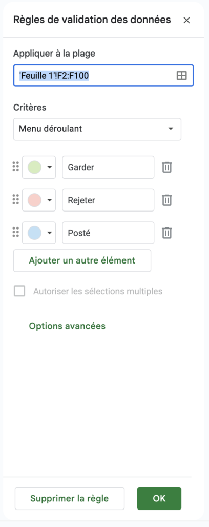 Ajouter un menu déroulant sur toute la colonne Google Sheets