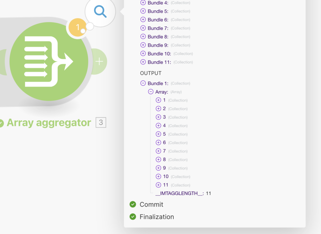 Résultats du module array aggregator sur Make