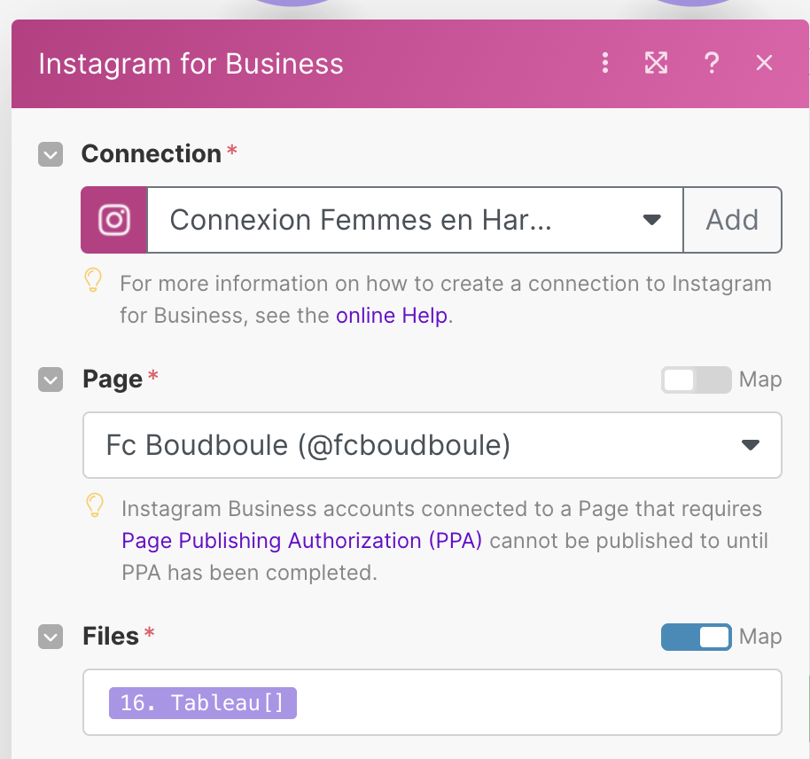 Ajout de notre variable Tableau dans le module create a carousel post d'instagram sur make