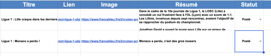 Exemples de données Google Sheets