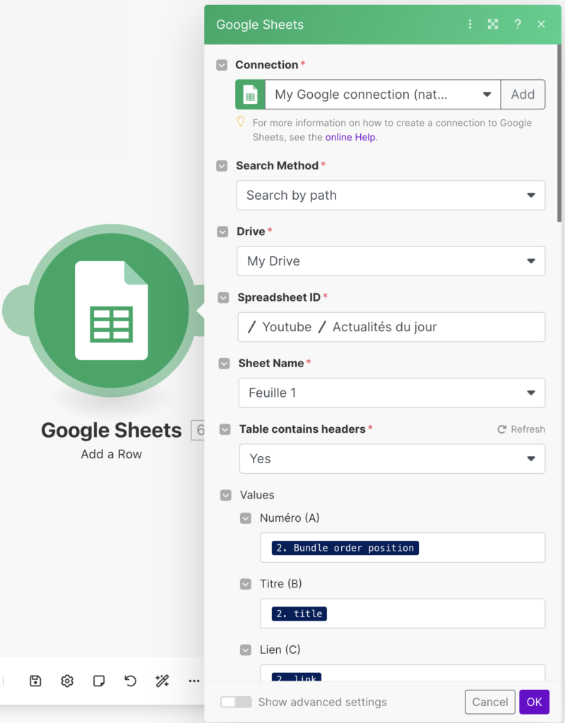 Module Add a Row sur Google Sheets avec Make