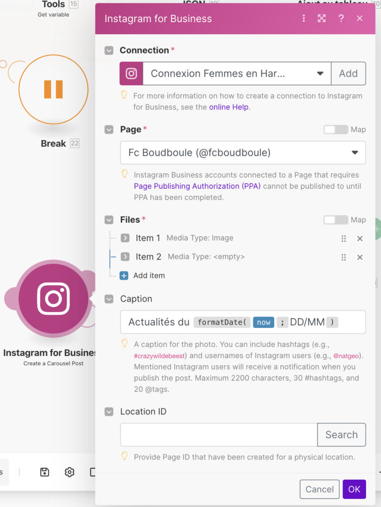 Module create a carousel post d'Instagram for Business sur Make