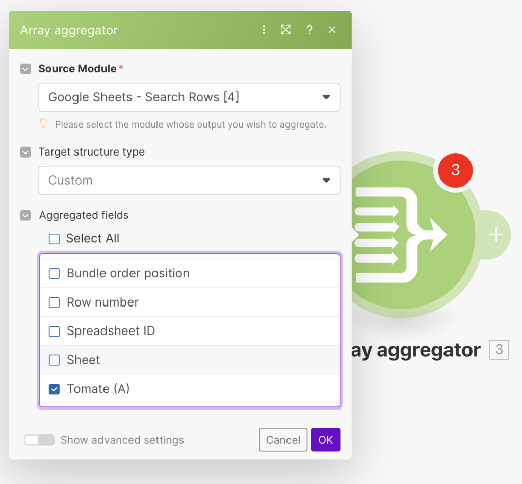 Paramètres du module array aggregator sur Make