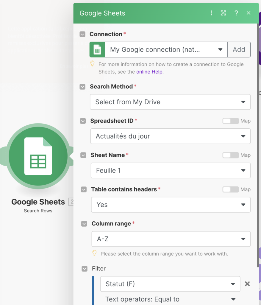 Module Search Rows de Google Sheets sur Make