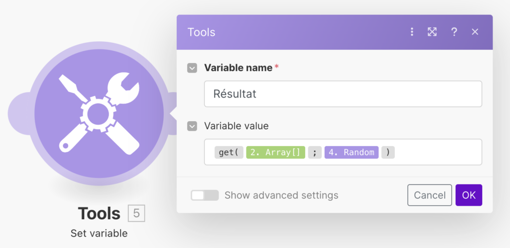 Création de la variable résultat pour récupérer une ligne aléatoire google Sheets sur Make